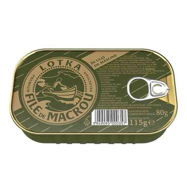 Lotka – Macrou file în ulei de măsline 115 gr.