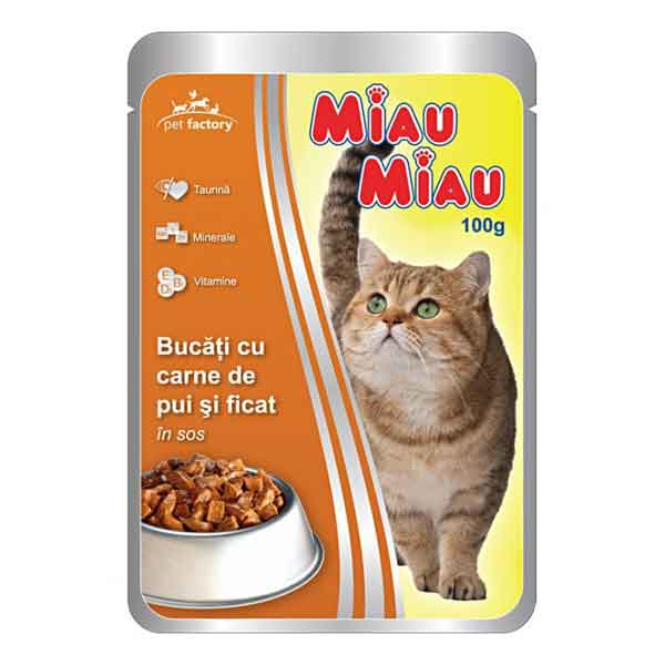 Miau Miau - Hrană umedă pisici cu pui și ficat în sos 100 gr.